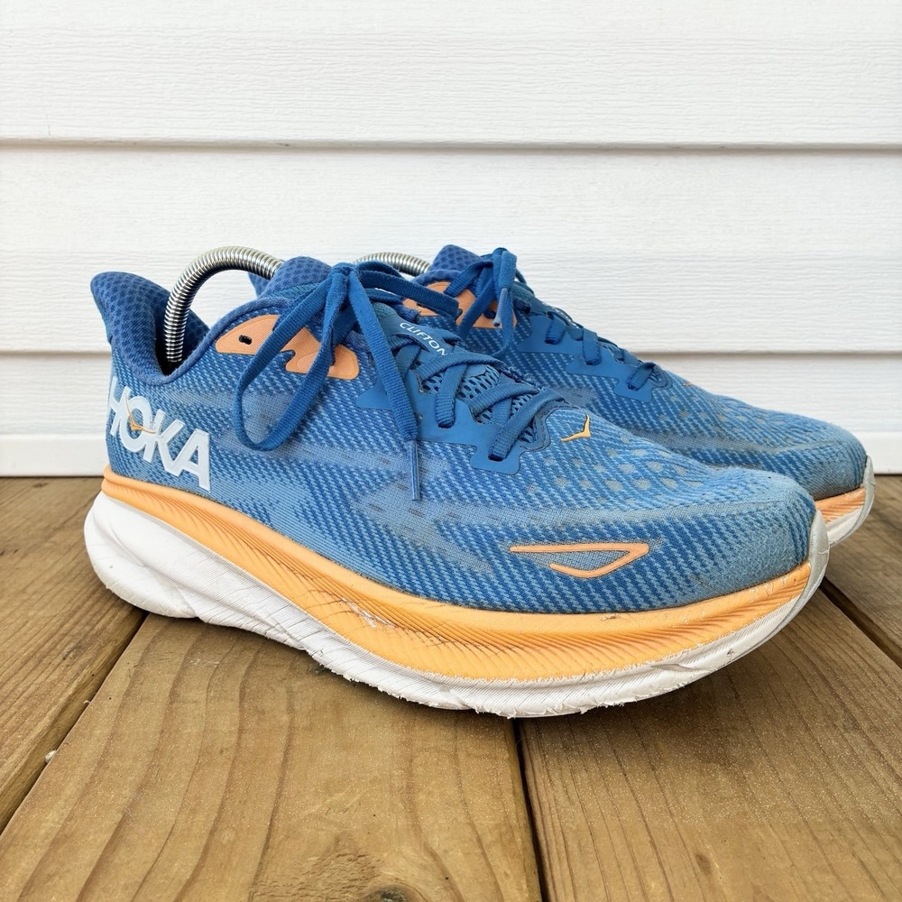Hoka One One Clifton 9 Cushioned Comfort Running Shoes Blue Orange Mens 10